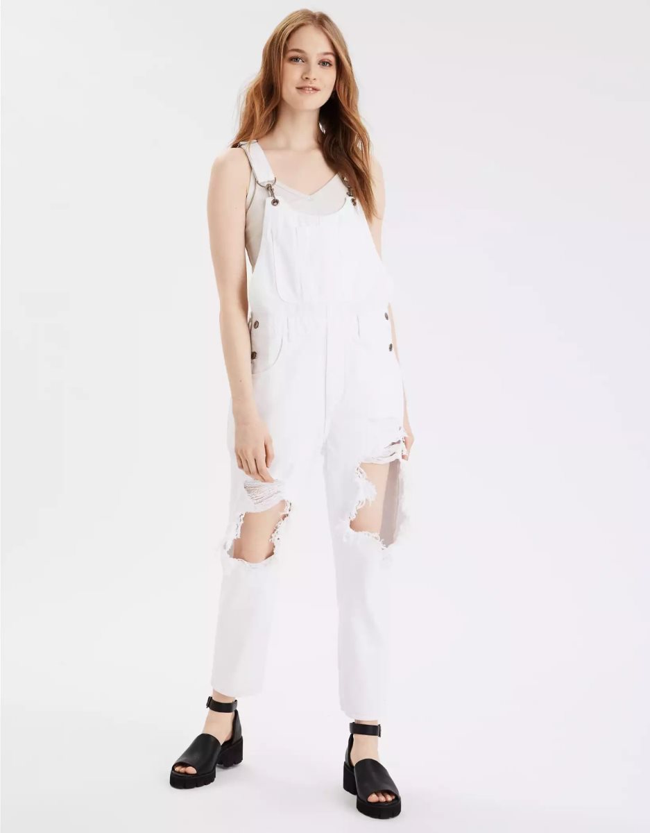 Jean American Eagle AE Ripped '90s Boyfriend Denim Overall Blanche Femme | ZRT-35821524